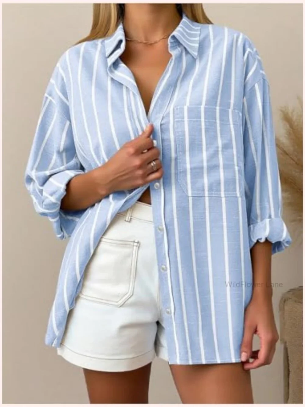 Oversized Linen Button Down Shirt Long Sleeve Collared Blouse with Pocket Beach - Picture 5 of 7
